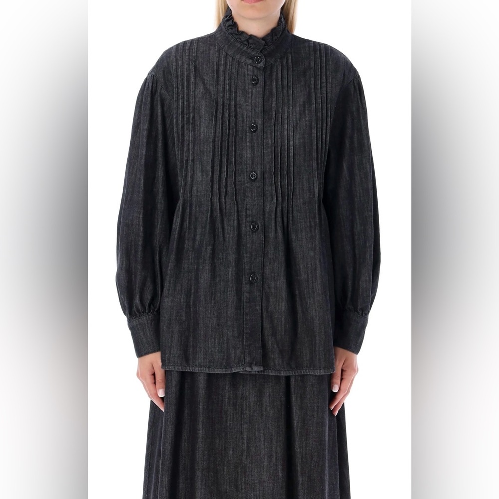 SEE BY CHOLÉ Ash Black Cotton Ruffled Denim Mock Neck Long Sleeves Shirt Size:S - Picture 4 of 11